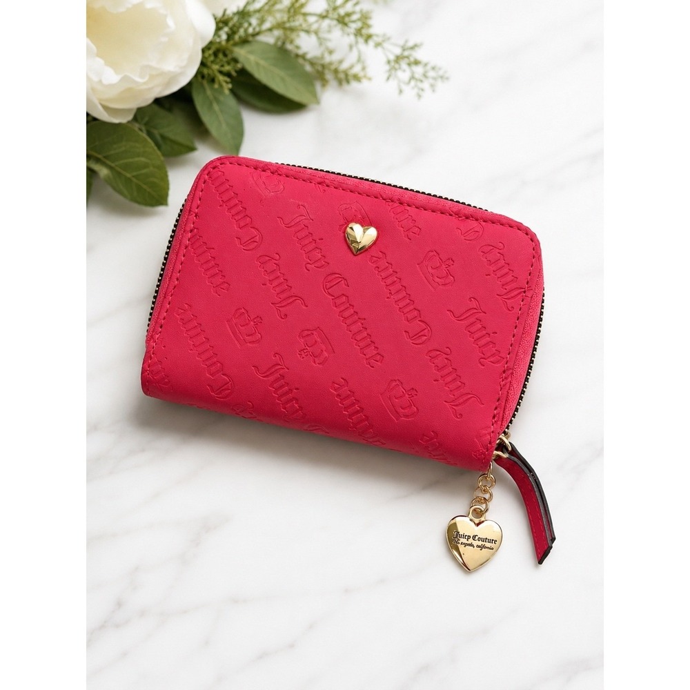 Juicy Couture Pink Embossed Logo Zip Around Wallet Heart Charm Gold Hardware Y2K